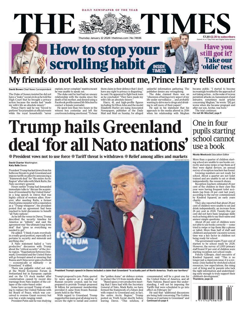 Titulli në faqen e parë të gazetës Times thotë: “Trump përshëndet marrëveshjen e Grenlandës ‘për të gjitha vendet e NATO-s’”.
