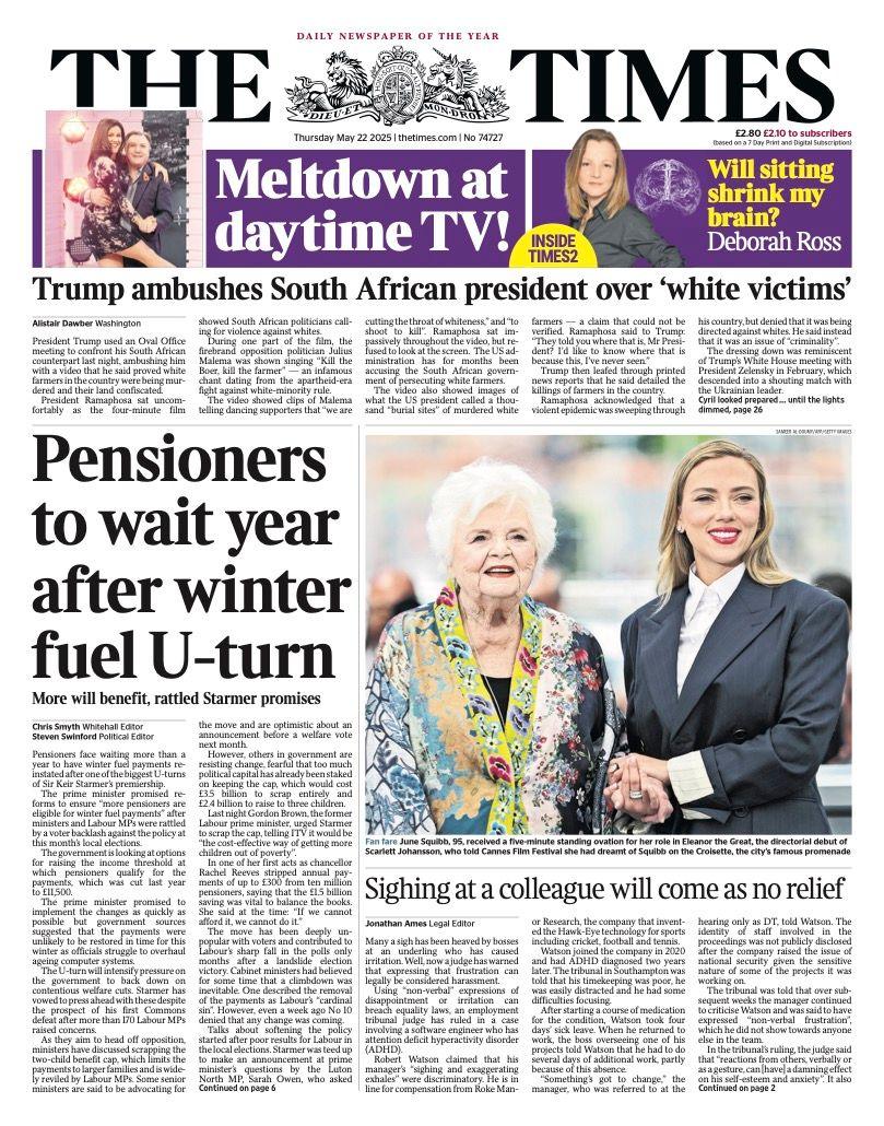 The headline of the front page of the Times reads: "Pensioners to wait year after winter fuel U-turn".