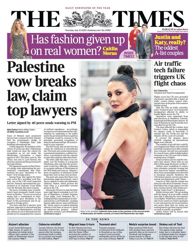 The headline on the front page of the Times reads: "Palestine vow breaks law, claim top lawyers".
