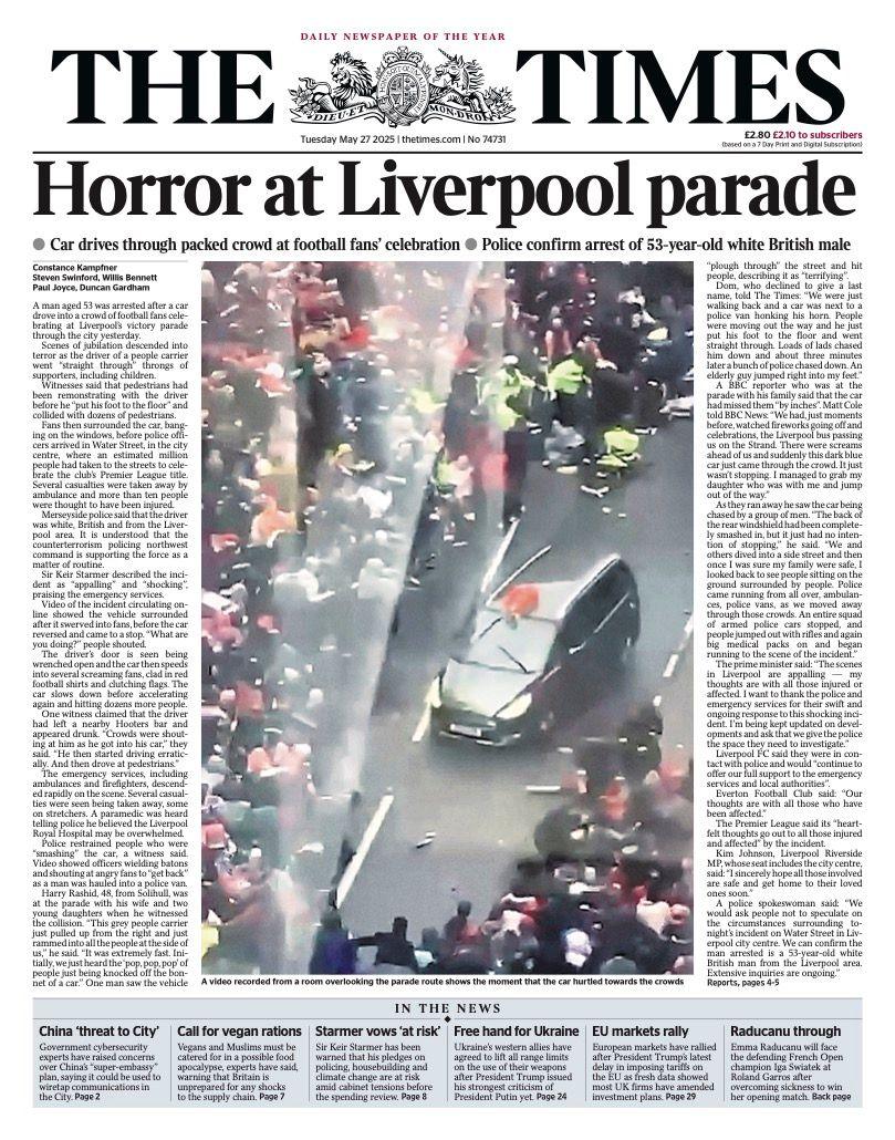 The headline on the front page of the Times reads: "Horror at Liverpool parade".