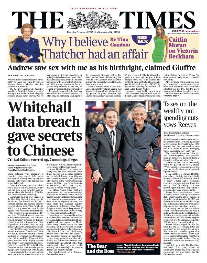 The headline on the front page of the Times reads: “Whitehall data breach gave secrets to Chinese”.