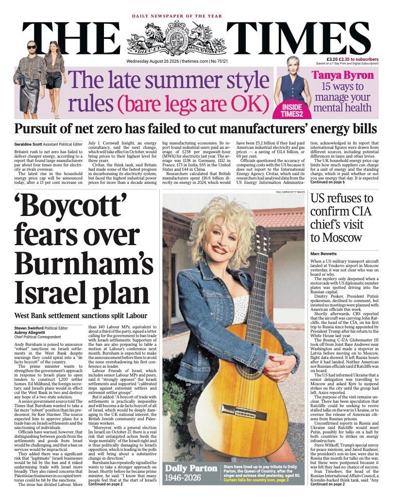 The headline on the front page of the Times reads: "Boycott fears over Burnham's Israel plan."
