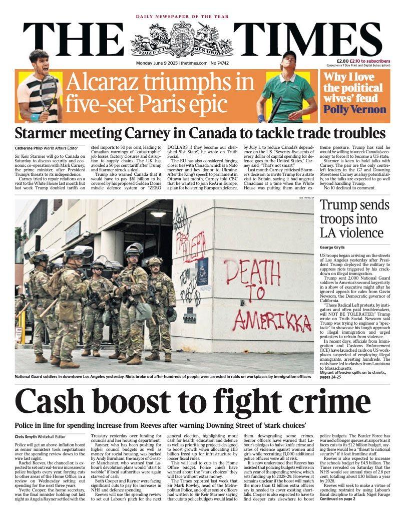 The headline on the front page of the Times reads: "Cash boost to fight crime".