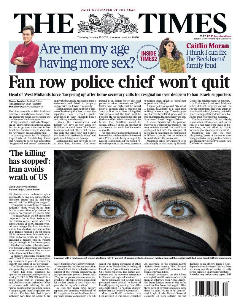 Titulli në faqen e parë të gazetës Times thotë: "‘Vrasjet kanë ndaluar’: Irani i shmanget zemërimit të SHBA-së".