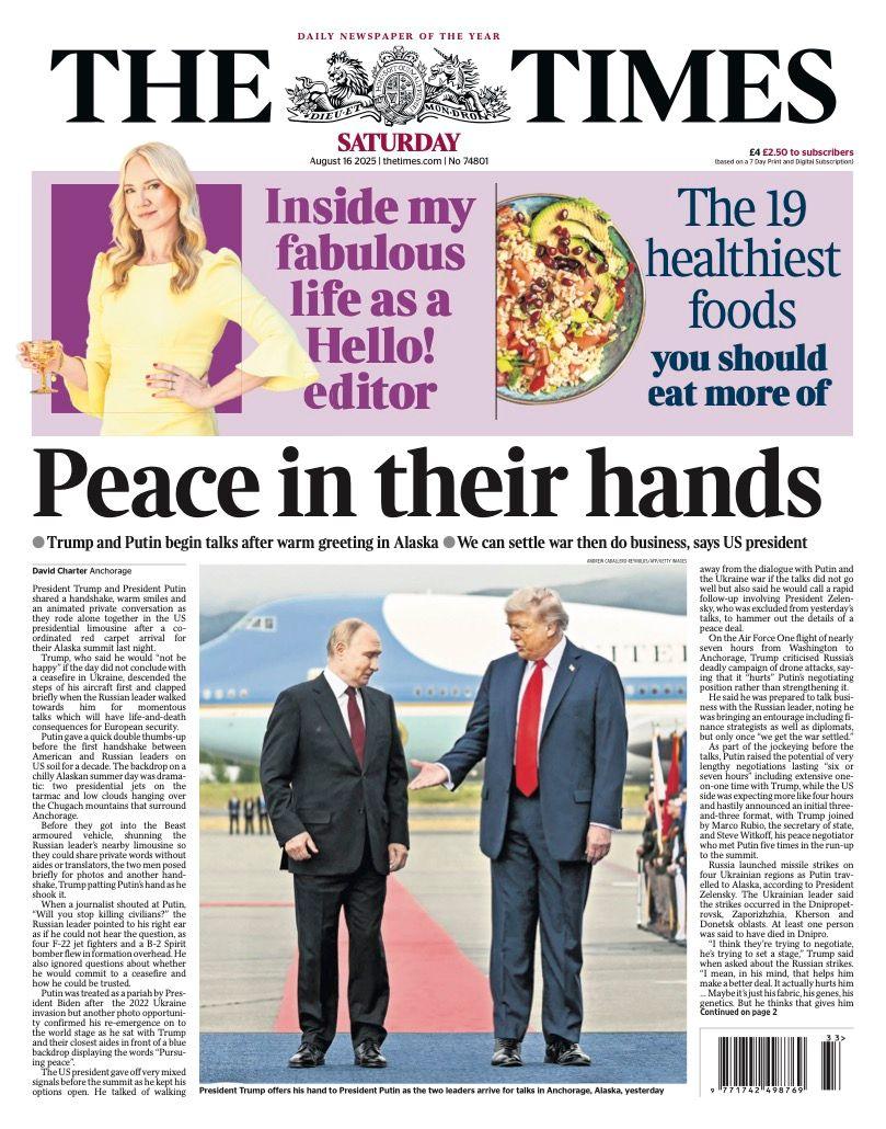 The headline on the front page of the Times reads: "Peace in their hands".