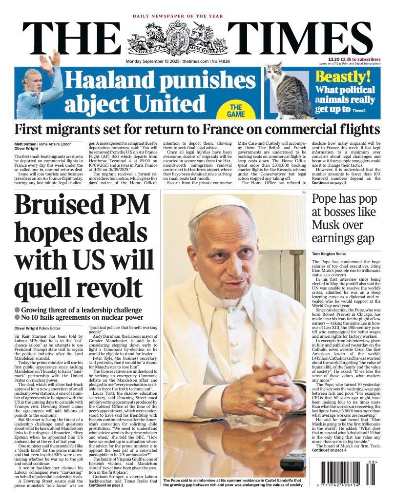 The Times' lead headline is "Bruised PM hopes deals with US will quell revolt".