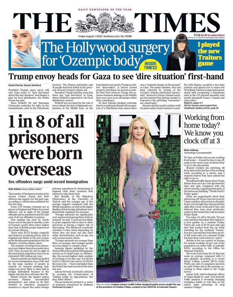 The headline on the front page of the Times reads: "One in eight of all prisoners were born overseas".