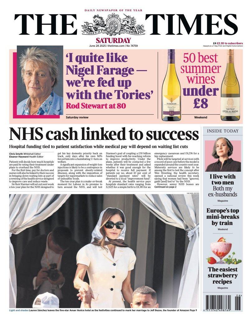 The headline on the front page of the Times reads: "NHS cash linked to success".