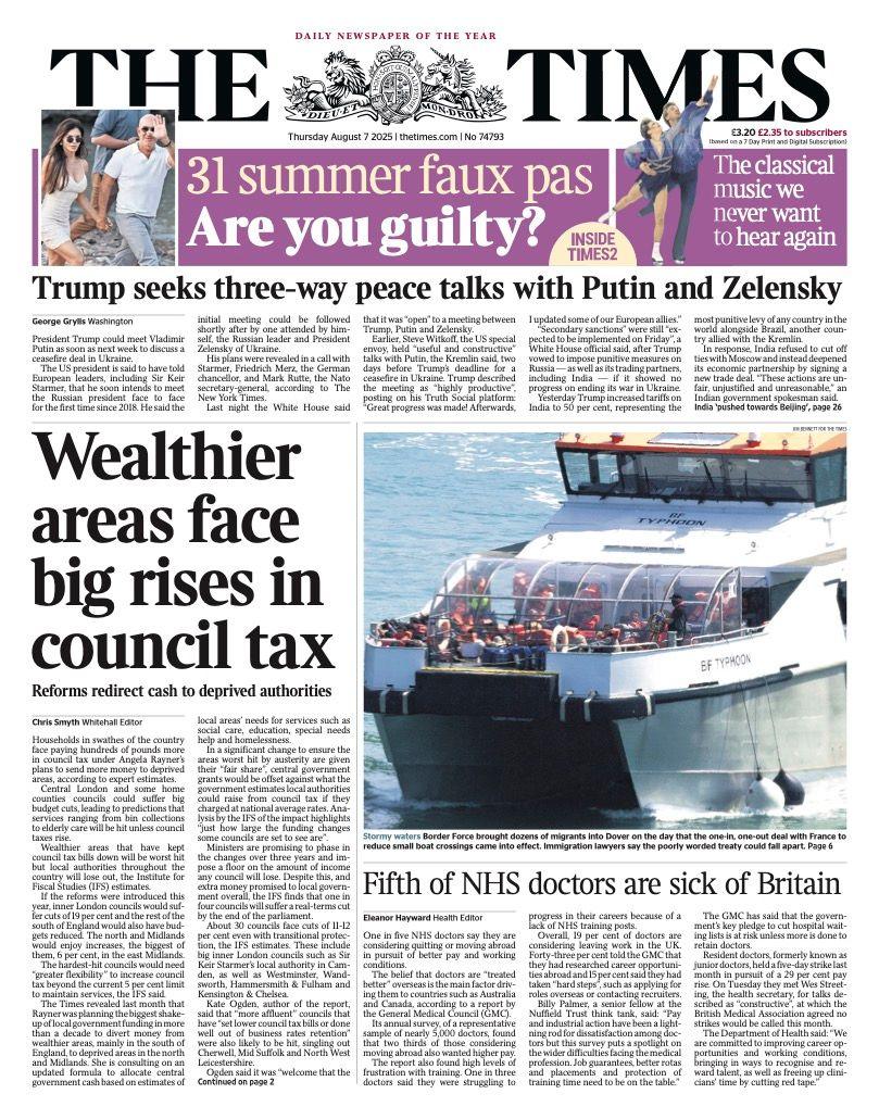 The headline on the front page of the Times reads: "Wealthier areas face big rises in council tax"