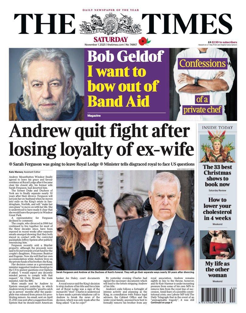 The headline on the front page of the Times reads: “Andrew quit fight after losing loyalty of ex-wife”.