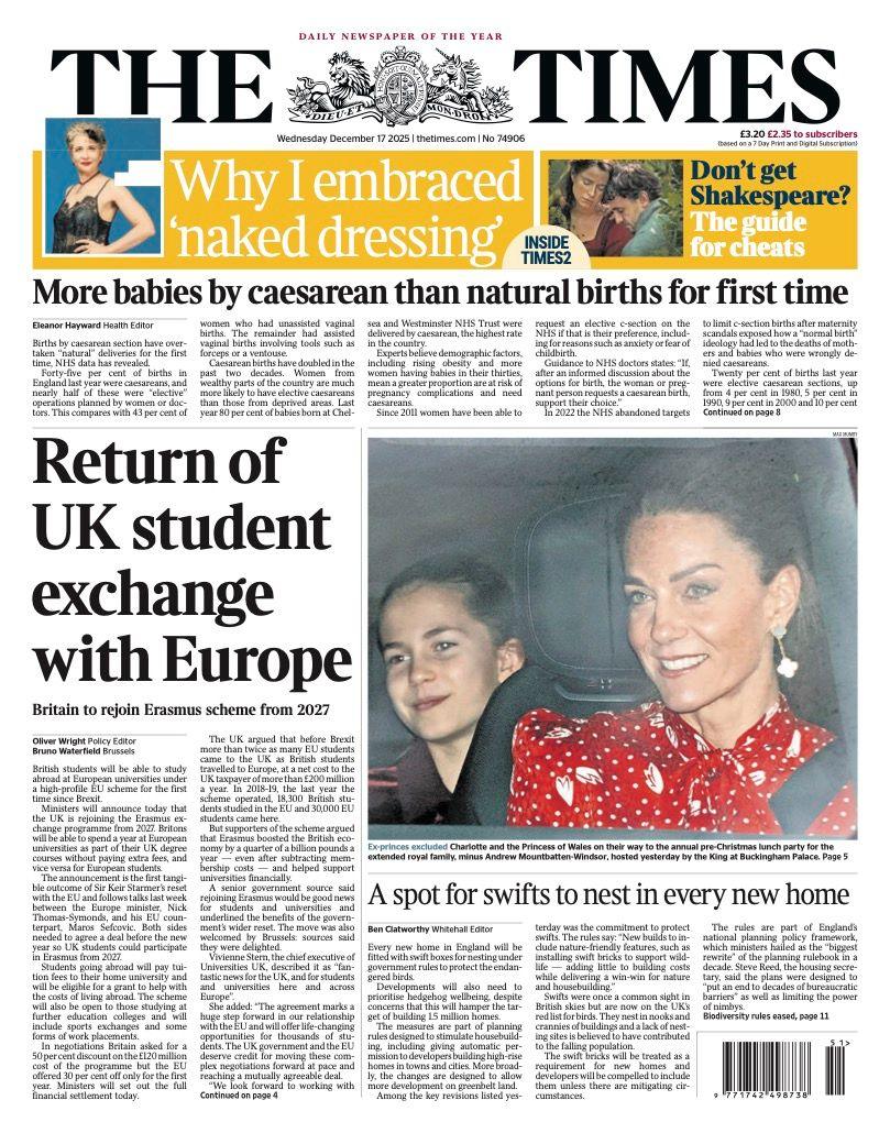 The headline on the front page of the Times reads: "Return of UK student exchange with Europe".