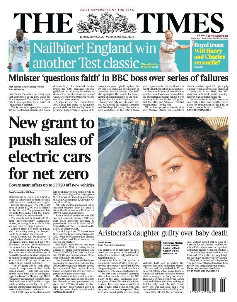 The headline on the front page of the Times reads: "New grant to push sales of electric cars for net zero".