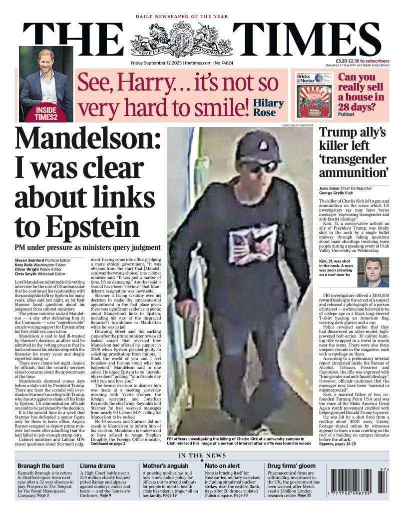 The headline on the front page of the Times reads: “Mandelson: I was clear about links to Epstein”.