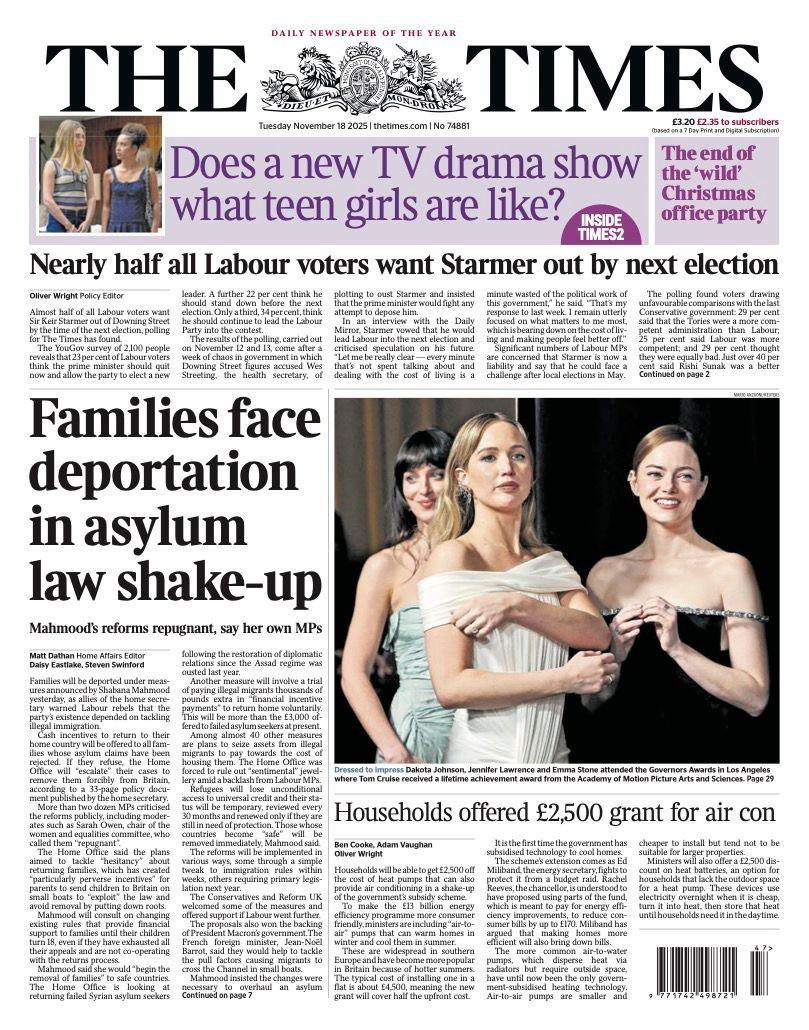 The headline on the front page of the Times reads: “Families face deportation in asylum law shake-up”.