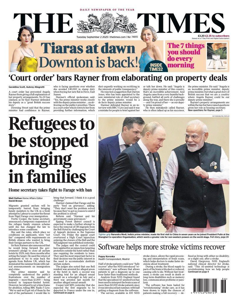 The headline on the front page of the Times reads: "Refugees to be stopped bringing in families".