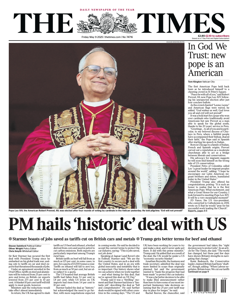 The Times' headline says "PM hails 'historic' deal with US".