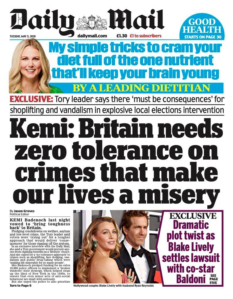 Titulli në faqen e parë të Daily Mail thotë: “Kemi: Britania ka nevojë për tolerancë zero ndaj krimeve që na e bëjnë jetën të mjerueshme”.