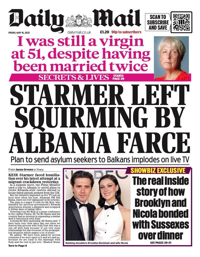 The headline on the front page of the Daily mail reads: "Starmer left squirming by Albania farce".