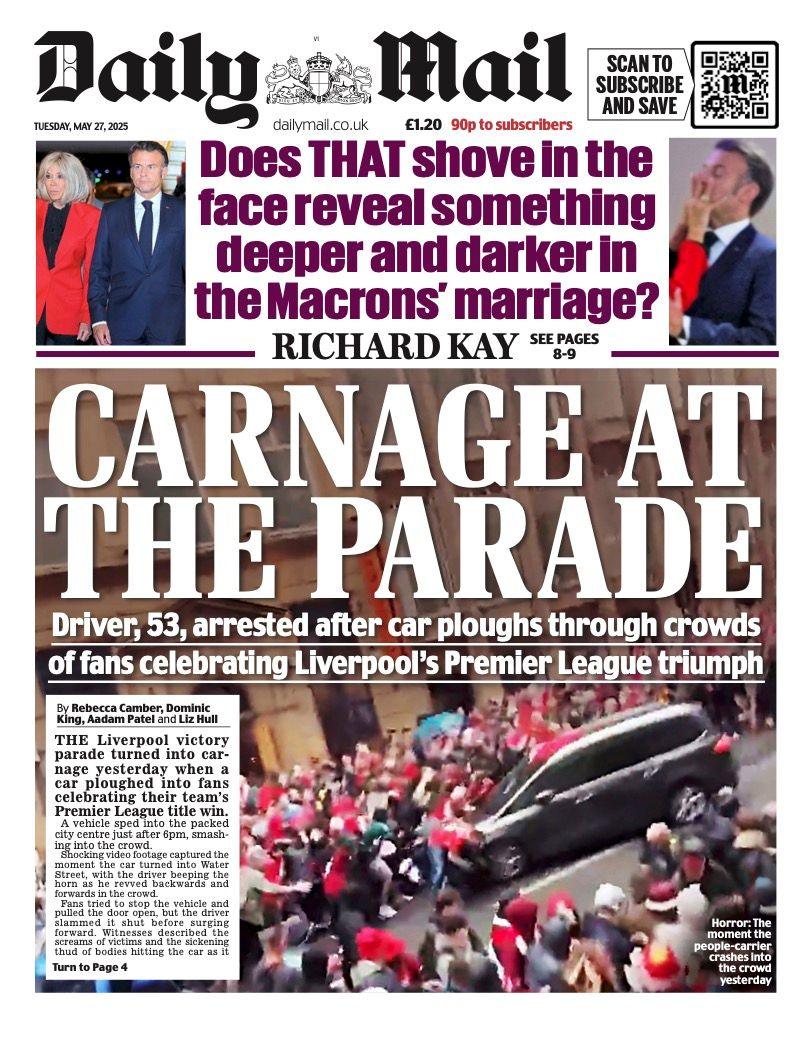 The headline on the front page of the Daily Mail reads: "Carnage at the parade".