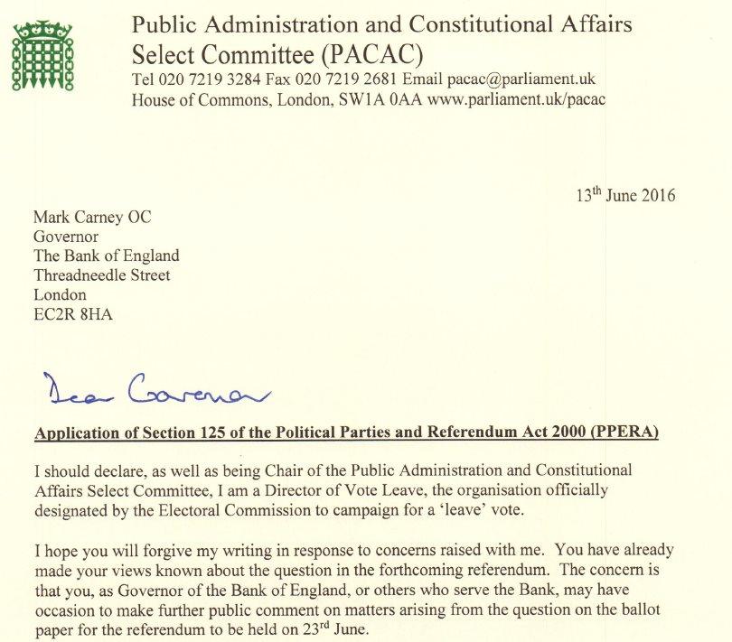 Bernard Jenkin letter to Mark Carney