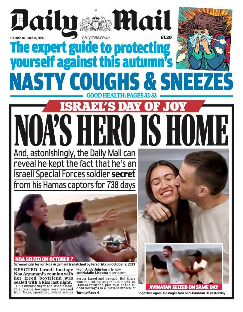 The headline on the front page of the Daily Mail reads: "Noa's hero is home".