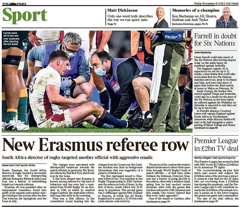 The sports section of Friday's Times