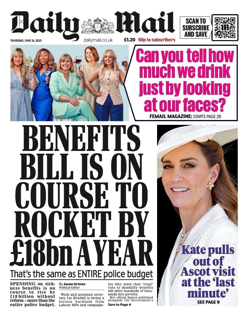 The headline on the front page of the Daily Mail reads: "Benefits bill is on course to rocket by £18bn a year".