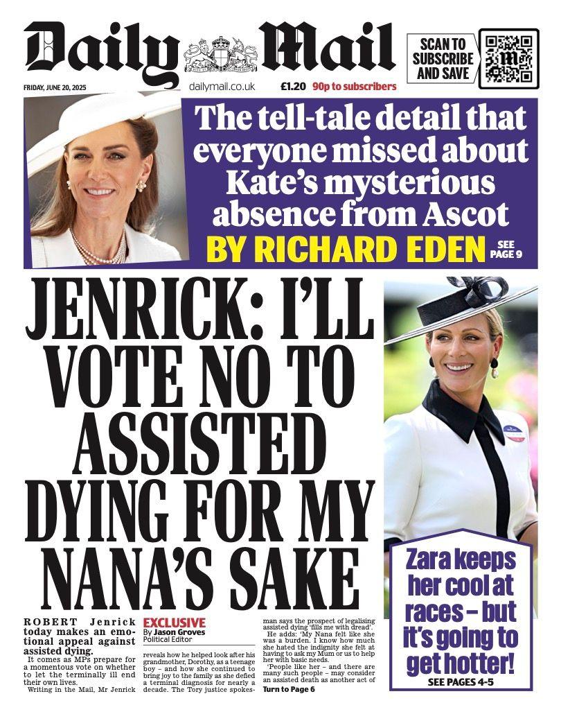 The headline on the front page of the Daily Mail reads: "Jenrick: I'll vote no to assisted dying for my nana's sake".