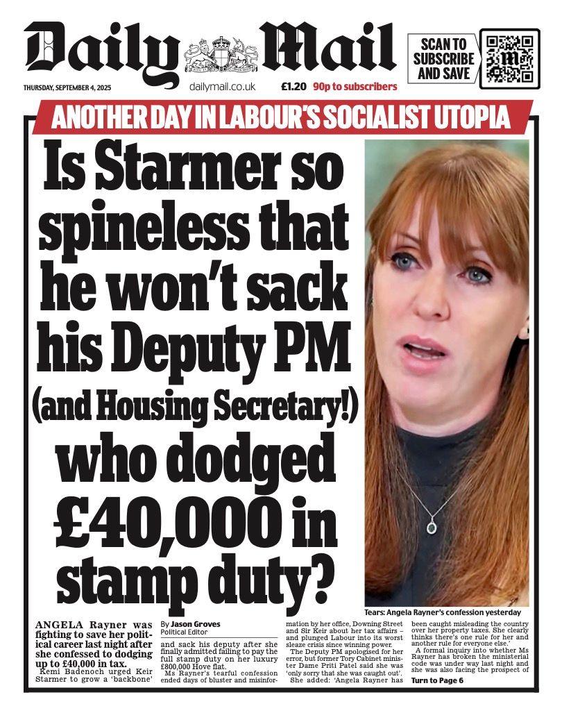 The headline on the front page of the Daily Mail reads: "Is Starmer so spineless that he won't sack his deputy PM (and housing secretary) who dodged £40,000 in stamp duty?"