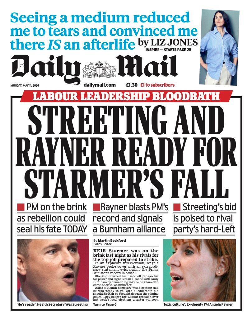 Titulli në faqen e parë të Daily Mail thotë: “Dalje në rrugë dhe Rayner gati për rënien e Starmer”.