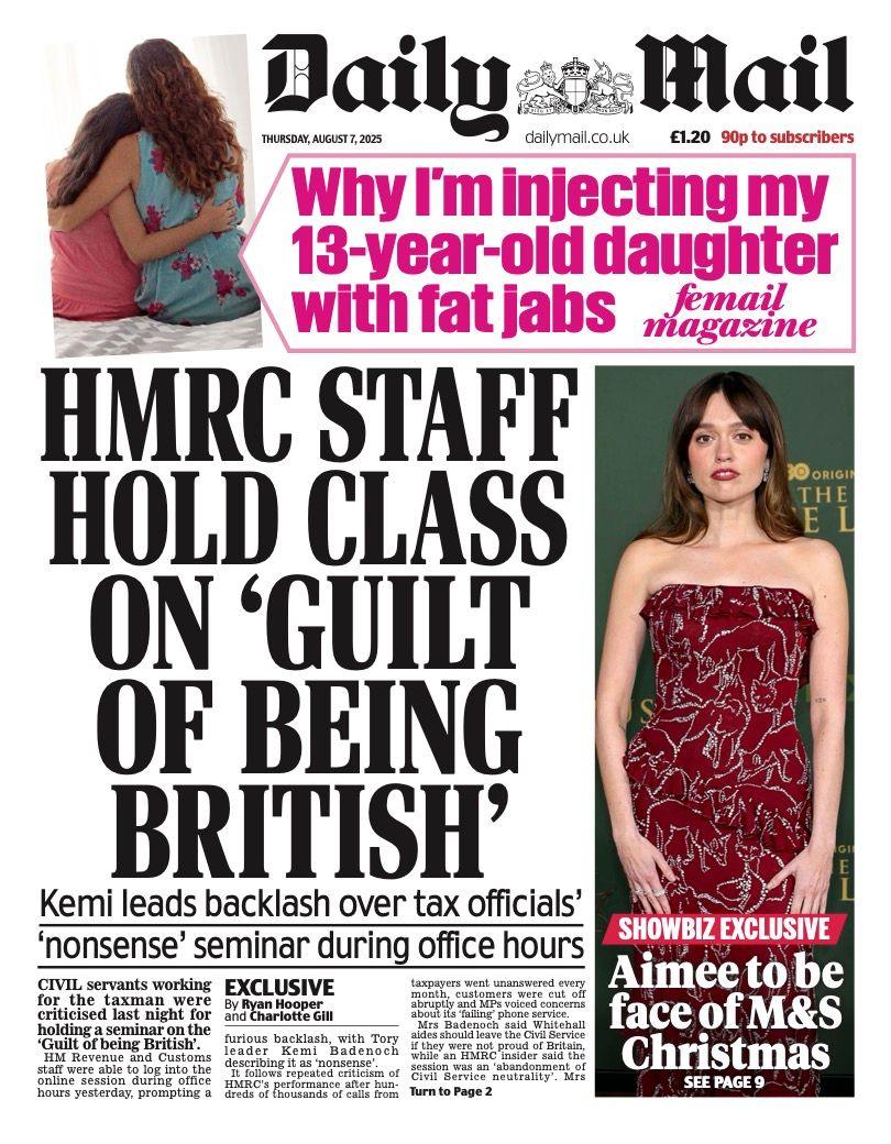 The headline on the front page of the Daily Mail reads: "HMRC staff hold class on 'guilt of being British'"