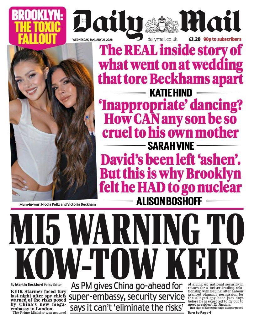 Titulli në faqen e parë të Daily Mail thotë: "MI5 paralajmëron të tërhiqet Keiri".