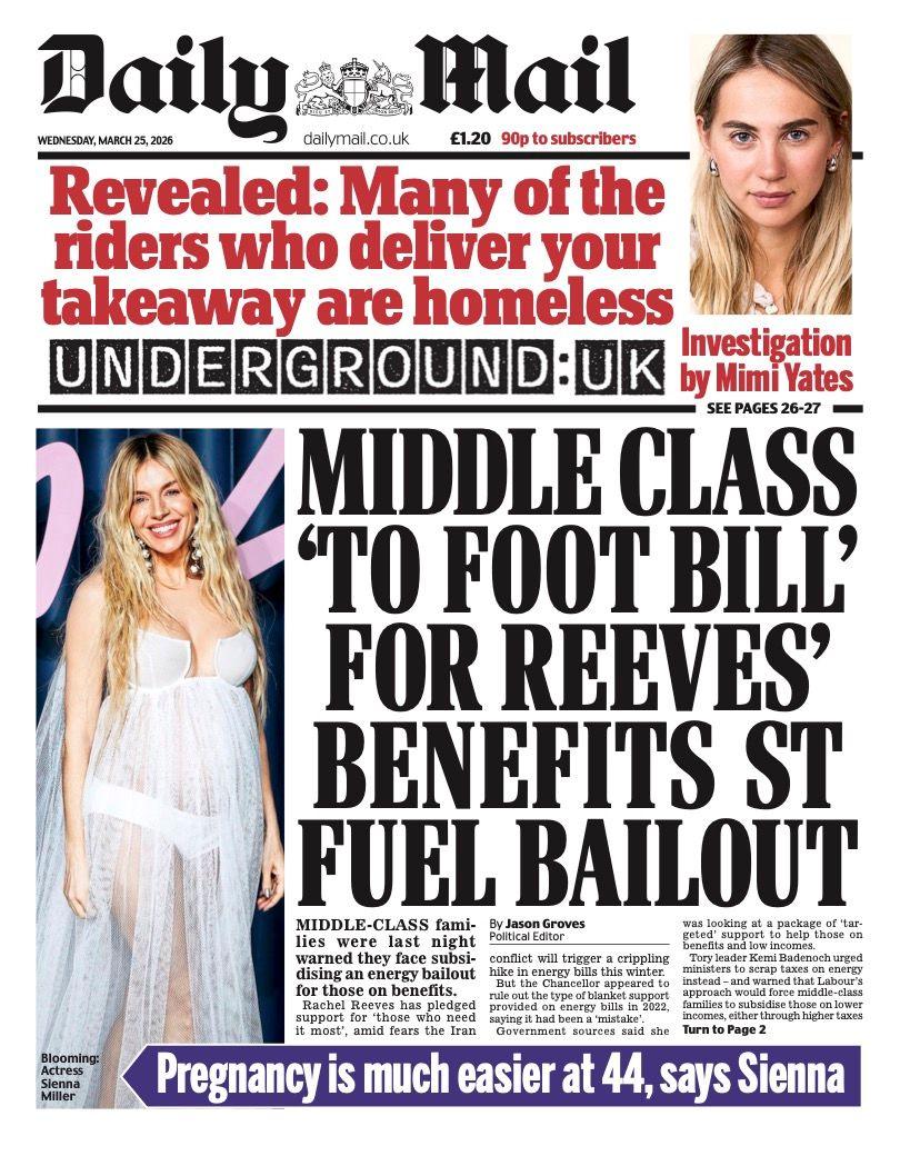 Titulli në faqen e parë të Daily Mail thotë: "Klasa e mesme 'do të paguajë faturën' për shpëtimin e karburantit të Reeves Benefits St."