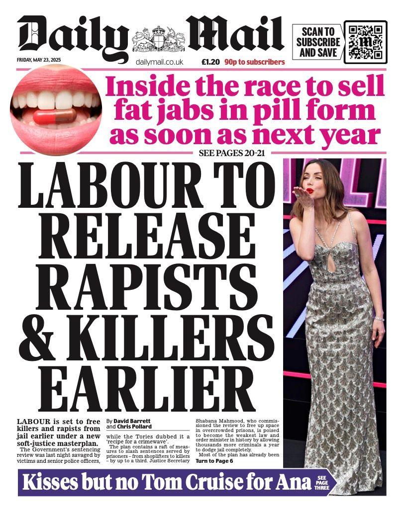 The headline on the front page of the Daily Mail reads: "Labour to release rapists and killers earlier".
