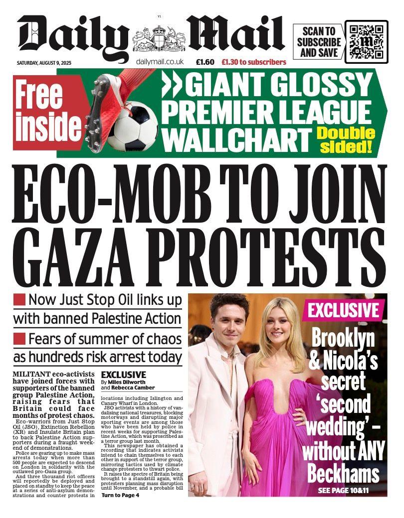 The headline on the front page of the Daily Mail reads: "Eco-mob to join Gaza protests".
