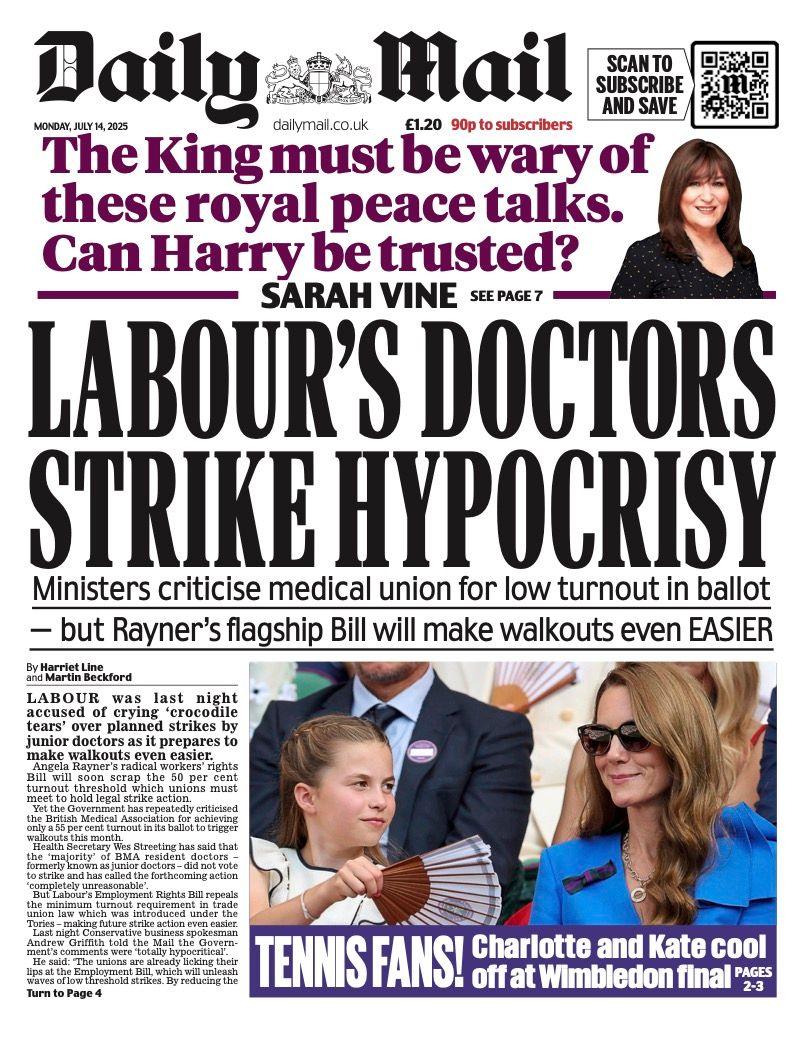 The headline on the front page of the Daily Mail reads: “Labour's doctors strike hypocrisy”.