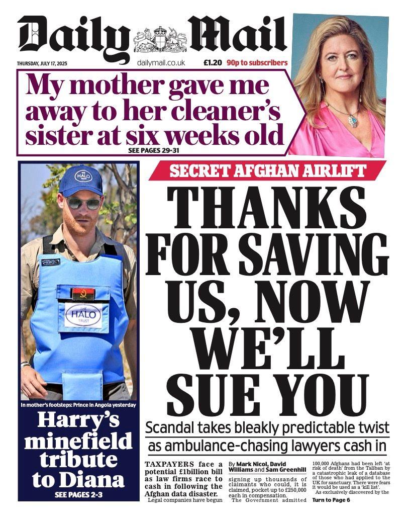 The headline on the front page of the Daily Mail reads: "Thanks for saving us, now we'll sue you"