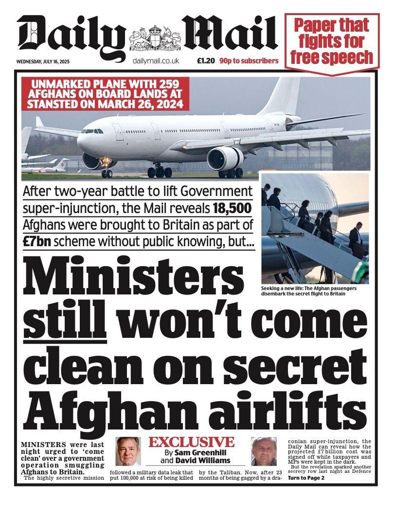 The headline on the front page of the Daily Mail reads: "Ministers still won't come clean on secret Afghan airlifts".