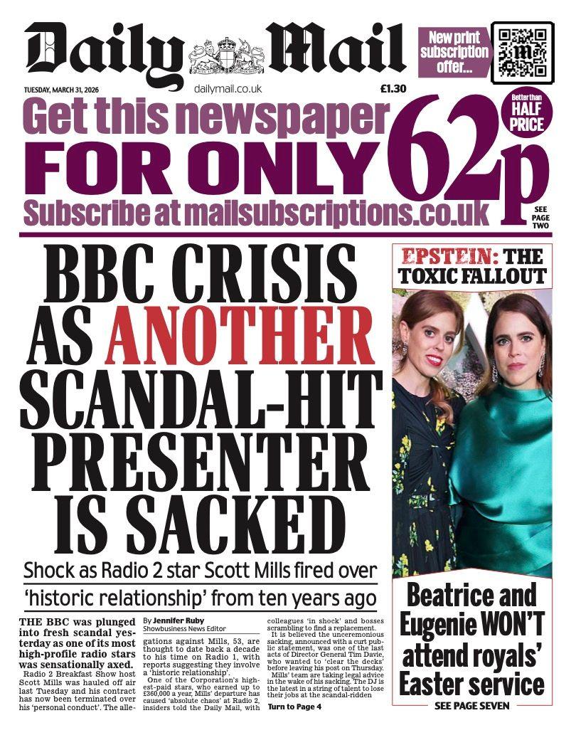 Titulli në faqen e parë të Daily Mail thotë: "Krizë në BBC, ndërsa një tjetër prezantues i goditur nga skandali pushohet nga puna".