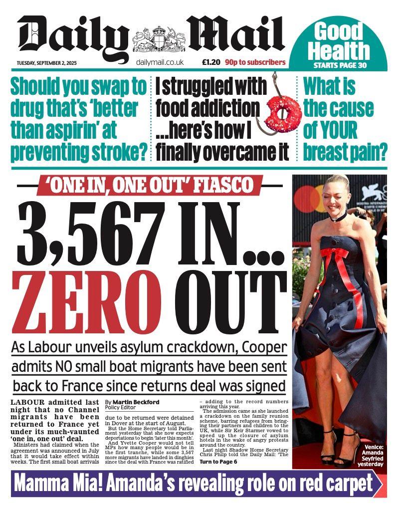 The headline on the front page of the Daily Mail reads: "3,567 in, zero out".