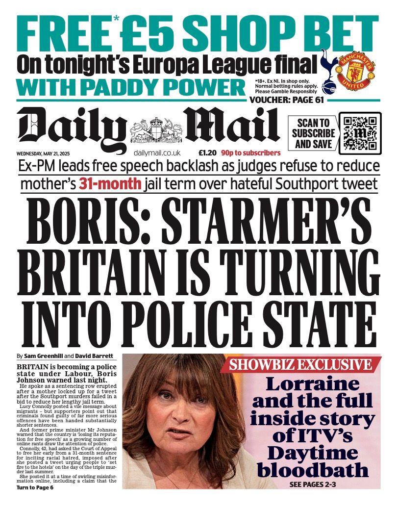 The headline of the front page of the Daily Mail reads: "Boris: Starmer's Britain is turning into a police state".