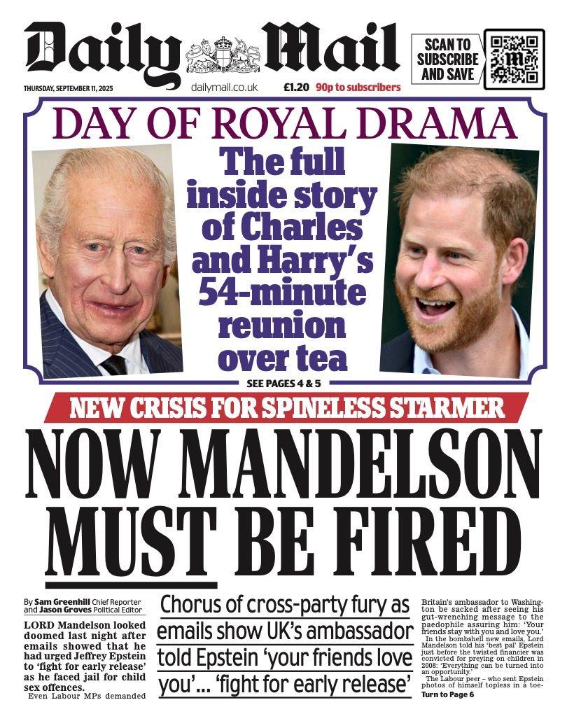 The headline on the front page of the Mail reads: “Now Mandelson must be fired”.