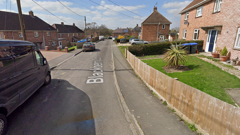 Blackberry Lane in Potterne. There are houses and parked cars along the street