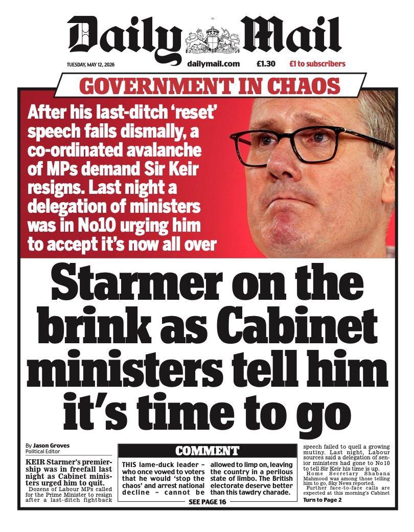 Titulli në faqen e parë të Daily Mail thotë: “Starmer në prag të greminës, ndërsa ministrat e kabinetit i thonë se është koha të largohet”.
