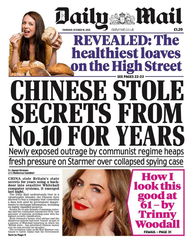 The headline on the front page of the Mail reads: “Chinese stole secrets from No.10 for years”.