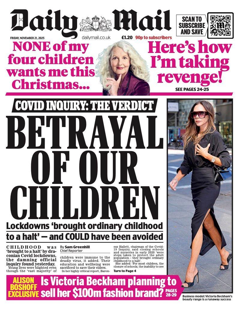 The headline on the front page of the Daily Mail reads: “Betrayal of our children”.