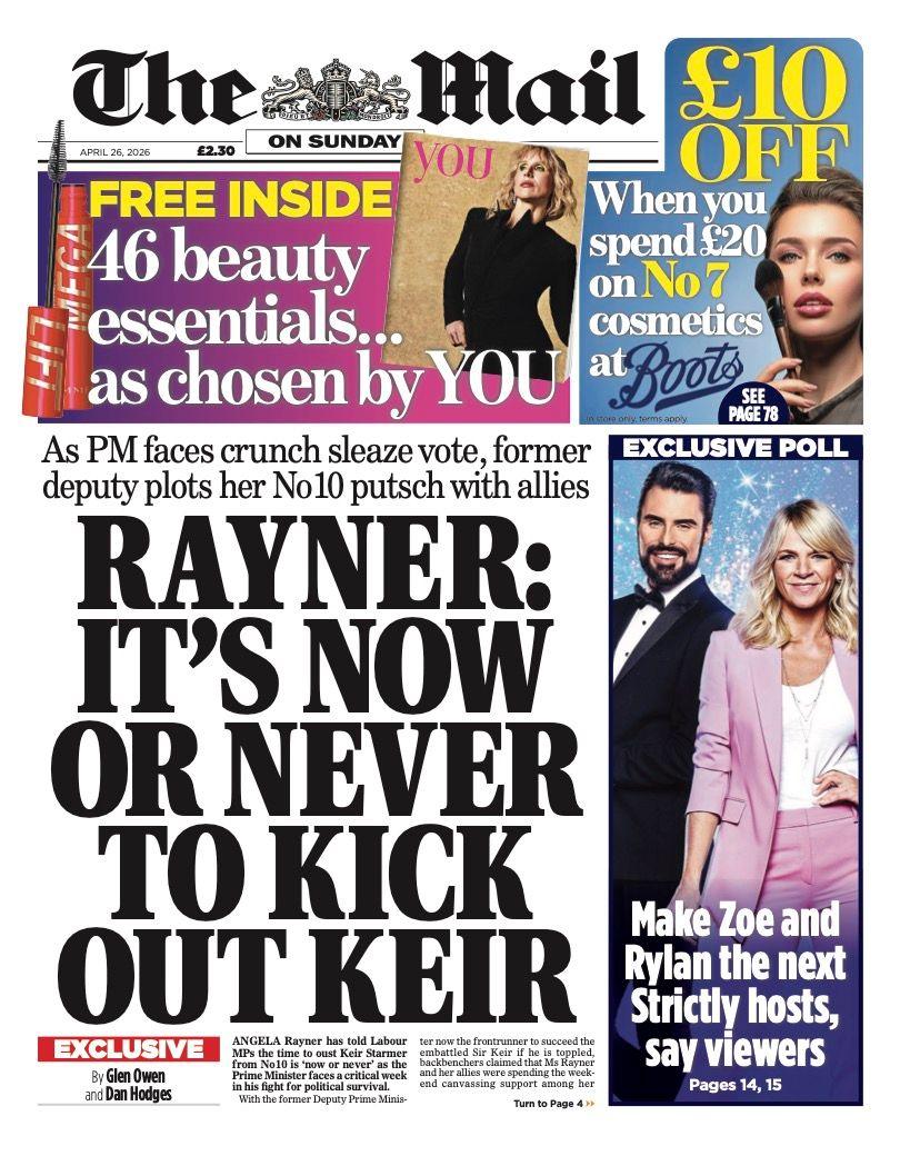 Titulli në faqen e parë të Daily Mail thotë: “Rayner: O tani ose kurrë ta përjashtojmë Keir-in”.