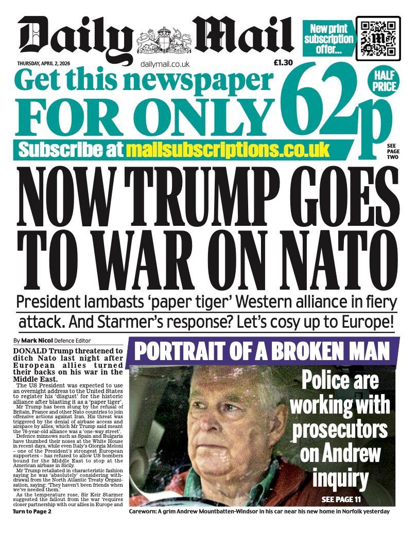Titulli në faqen e parë të Daily Mail thotë: “Trump i shpall luftë NATO-s”.