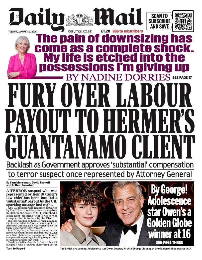 Titulli në faqen e parë të Daily Mail thotë: “Zemërim për pagesën e Partisë Laburiste ndaj klientit të Hermerit në Guantanamo”.