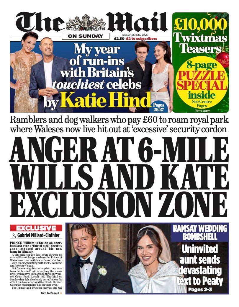 Titulli në faqen e parë të gazetës Mail on Sunday thotë: "Zemërim ndaj zonës së përjashtuar prej 6 miljesh për Wills dhe Kate".